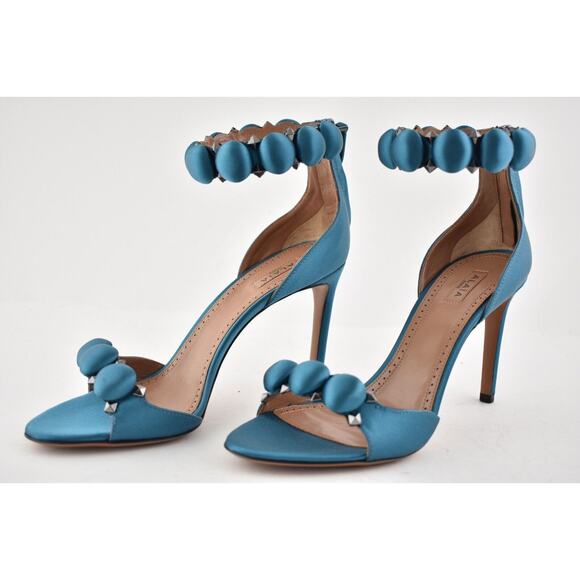 Alaia Bombe 90mm Blue Canard Satin Studded Ankle Strap Sandal Heel Pump 37.5 - Picture 6 of 9